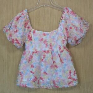&Merci Blouse Womens Medium Babydoll Colorful Puff Sleeve Floral Textured Peplum